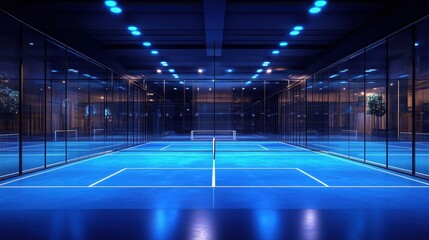 Illuminated indoor padel court showcasing modern design and vibrant blue lighting in a professional sports facility