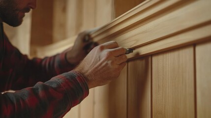 Obraz premium Carpenter installing wooden trim along a wall. Featuring detail and finishing
