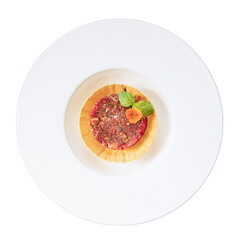 Gourmet beef tartare fine dining restaurant culinary art elegant setting top view gastronomy delight