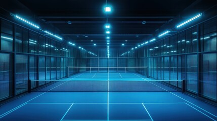 Spotless indoor padel court illuminated with bright blue ambient lighting, showcasing a symmetrical and geometric layout captured from an aerial viewpoint