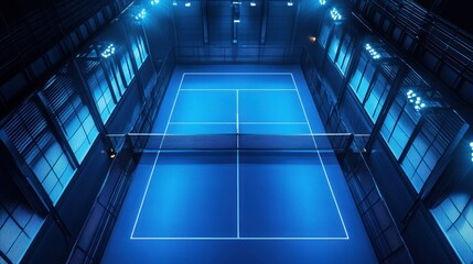Obraz premium Spotless indoor padel court bathed in bright blue lighting with a stunning geometric layout and symmetrical design, showcasing professional-grade quality from an aerial perspective