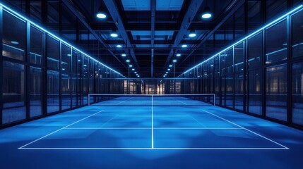 Fototapeta premium Spotless indoor padel court illuminated with bright blue ambient light showcasing geometric design and symmetrical layout, creating a captivating sports environment