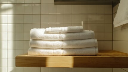 Neatly folded white towels create a calming atmosphere in a modern bathroom with minimalist decor and natural lighting on a wooden shelf