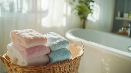 Relaxing spa-like atmosphere with pastel fluffy towels in a wicker basket near a bathtub bathed in soft daylight