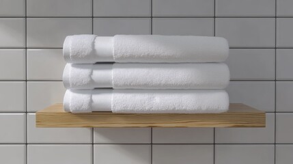 Welcoming serenity is found in a stack of neatly folded white towels on a wooden shelf in a modern bathroom adorned with minimalist decor and soft natural lighting