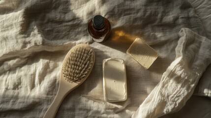 Wellness accessories arranged gracefully on natural linen cloth with soft shadows highlighting a dry brush, towel, soap bar, and oil bottle