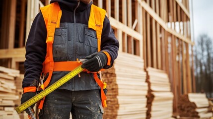 Carpenter measuring and cutting wooden planks at a residential build site. Featuring craftsmanship and accuracy