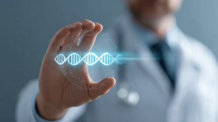 Doctor holding a glowing dna strand in his hand wearing a white coat and a black tie in a blurred shot