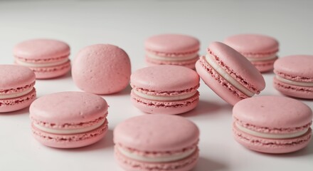 Pink macarons arranged on a clean surface  