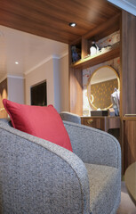 Luxurious mini suite stateroom cabin room onboard luxury cruise ship cruiseship ocean liner with...
