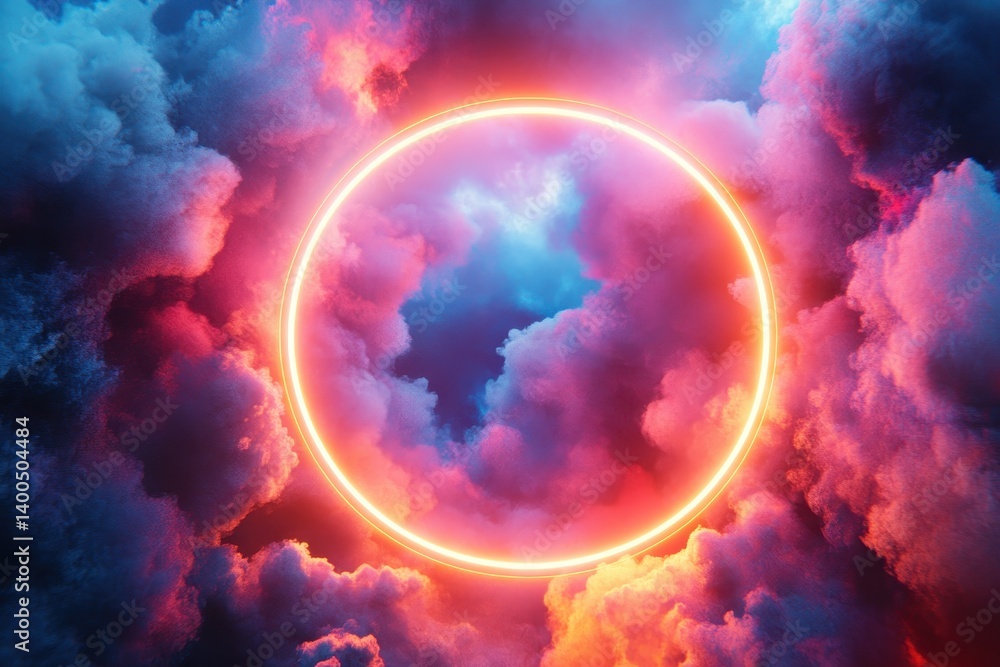 Aufkleber vibrant neon circular design surrounded by colorful mist and lightning strikes in a dramatic cosmic 