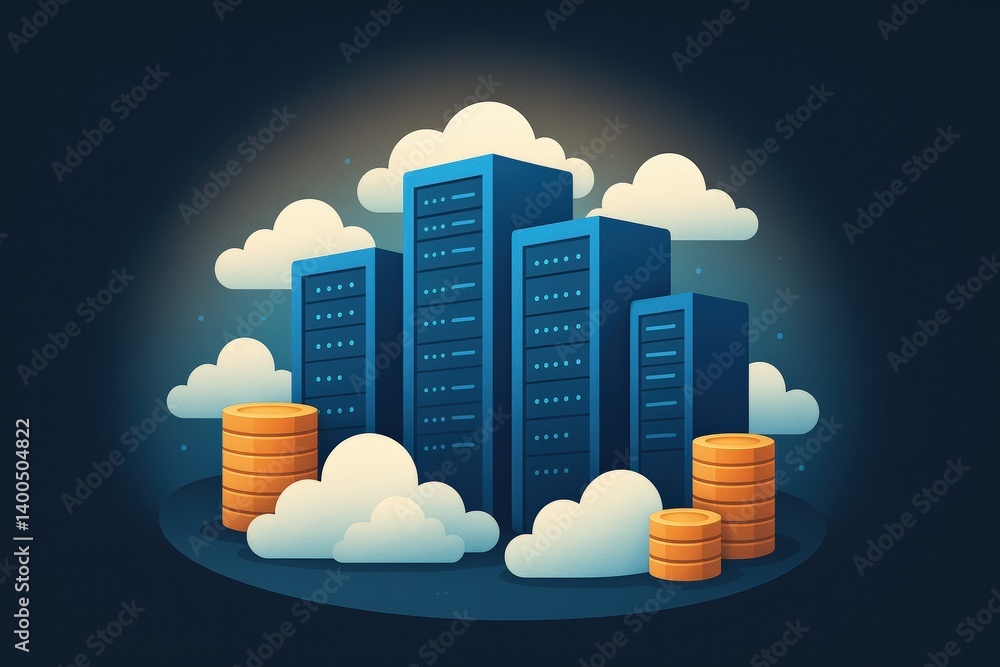 Poster cloud data center illustration shows the concept of digital infrastructure, servers, data storage, a
