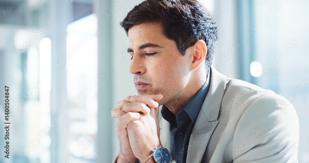 Poster thinking, planning and business man in office for problem solving, financial advisor and client solu