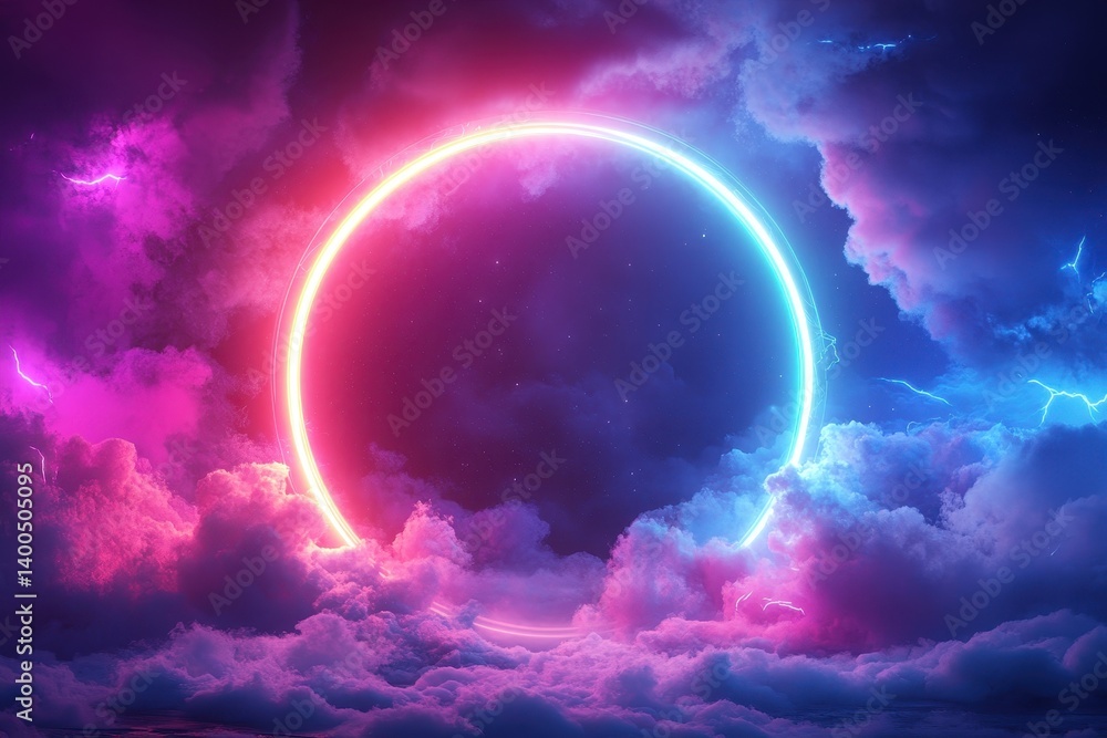 Poster Bright celestial phenomenon occurs with vibrant colors behind clouds in a unique cosmic display over the horizon during twilight hours