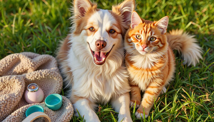 Playful dog and cat relaxing together on grassy field, friendship