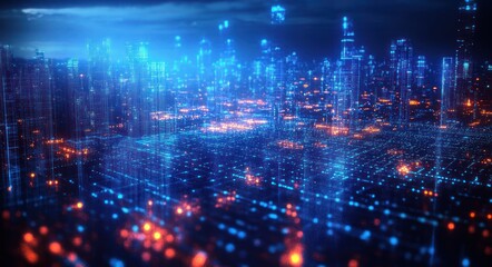 Fototapeta premium Futuristic Cyberpunk City with Glowing Digital Network Light Reflections in a Wide Angle Composition