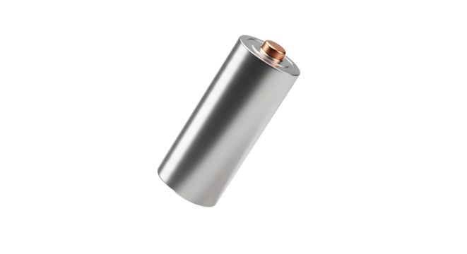 AAA battery mockup levitating, soft shadows, chrome finish with copper tip, realistic light reflection, clean white backdrop, cut-out friendly