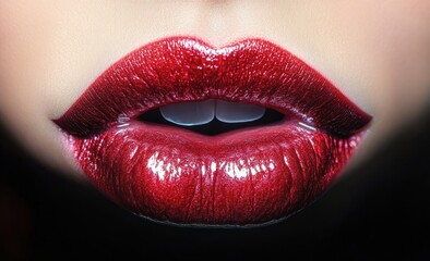 Obraz premium Close-up Portrait of Red Lips Beautiful Sensual Glossy Bright Lipstick Macro Girl Mouth