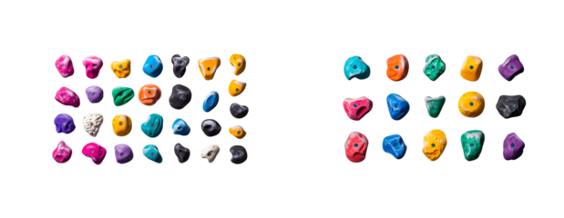 Colorful climbing holds arranged on a transparent background