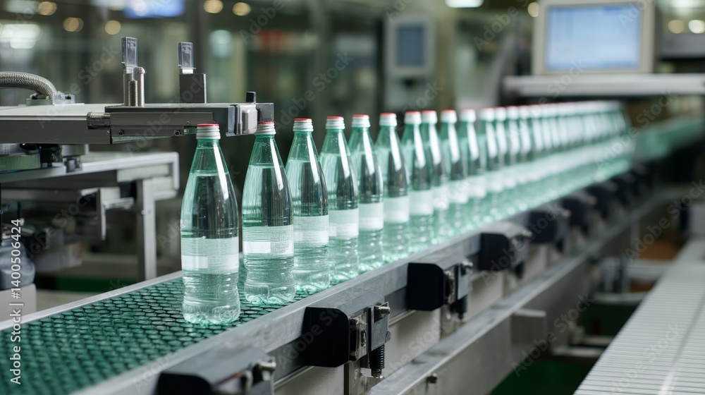 Poster rows of glass bottles are filled and sealed by robotic arms on a production floor in a soda bottling