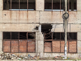destroyed and burned houses in the city in Ukraine