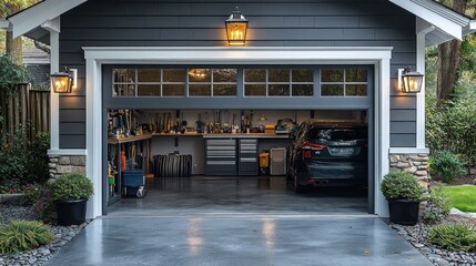 Obraz premium Organized Garage Interior with Car and Tools