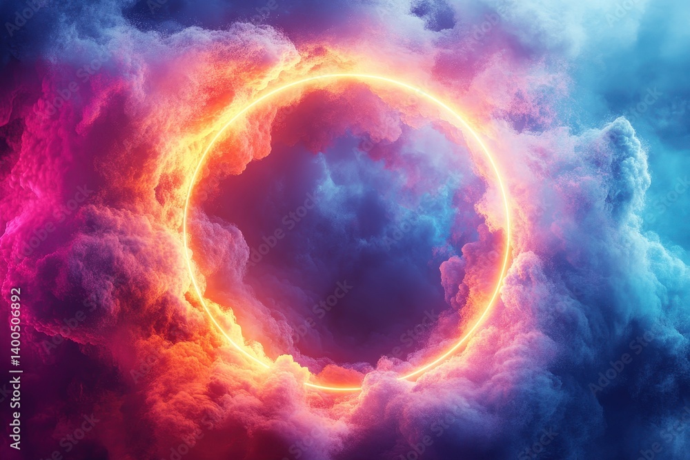 Poster Bright celestial phenomenon occurs with vibrant colors behind clouds in a unique cosmic display over the horizon during twilight hours