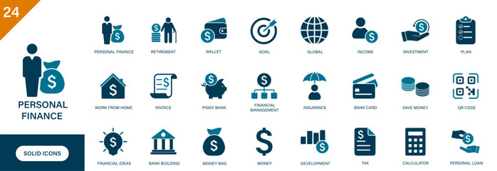 Personal finance icon. Containing financial management, savings, debt management, bank, investment.