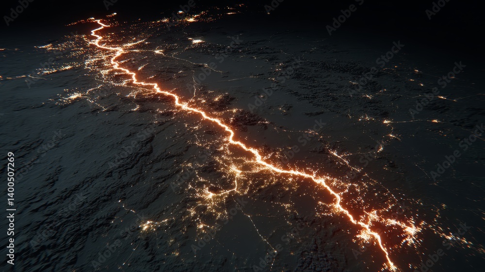 Fototapete Wide shot reveals a digital mesh landscape with glowing lines and interconnected nodes, creating a futuristic atmosphere visually appealing for tech-inspired projects