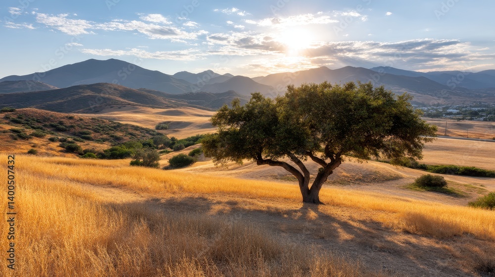 Aufkleber A gnarled oak tree stands tall, casting a long shadow over rolling fields of golden wheat as the sun sets behind distant mountains, creating a tranquil atmosphere