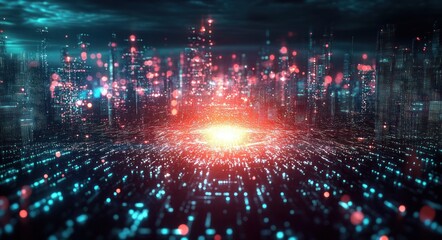 Futuristic Cityscape with Digital Matrix Theme Cyberpunk Art Style High Contrast Data Flow Illustration