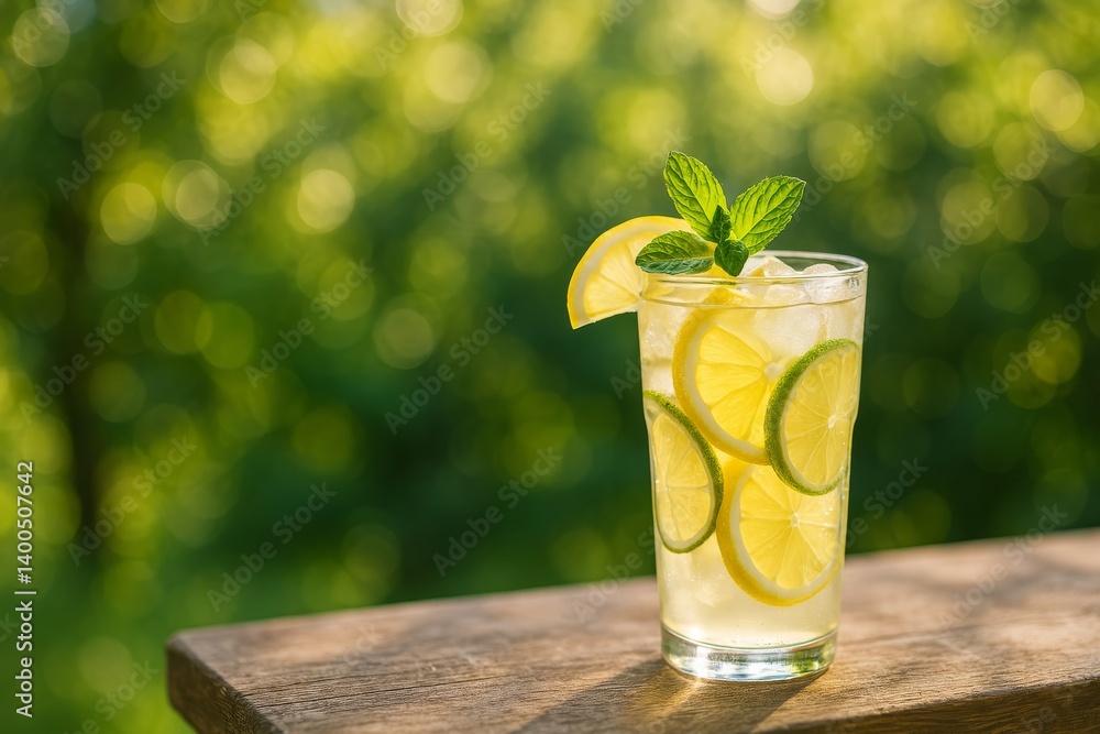 Poster refreshing lemonade with slices of lemon and lime under warm sunlight in a lush garden setting