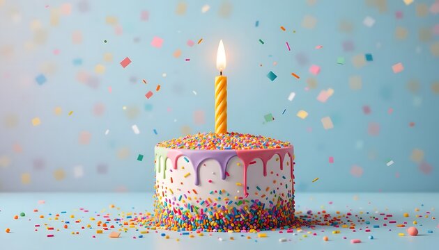 A celebratory birthday cake adorned with rainbow sprinkles and a single lit candle, surrounded by festive confetti, a delightful scene of joy and sweetness against a soft blue backdrop.