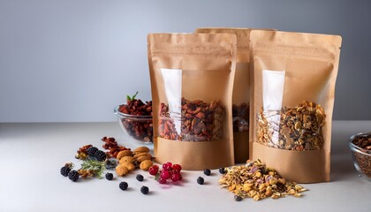 brown kraft paper doypack bags with dried berries granola and medical herbs packaging for foods and goods mock up packs with transparent windows for weight products tea herbs