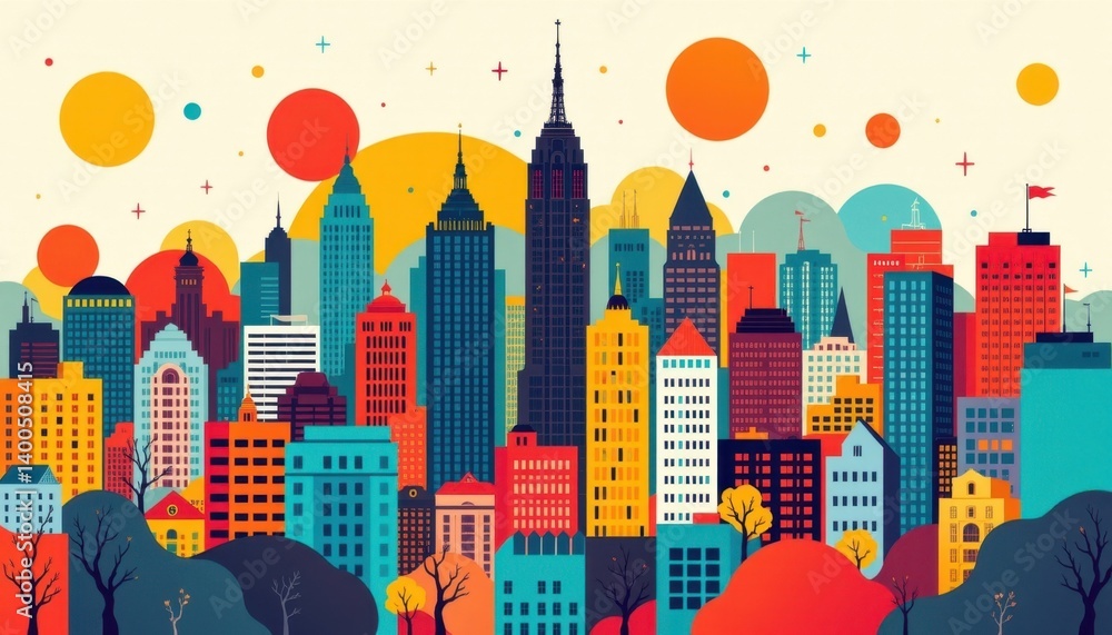 Aufkleber a bold city graphic with geometric shapes and an array of colors representing diversity.