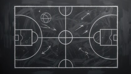 Comprehensive basketball court layout created on a chalkboard featuring players and game strategy