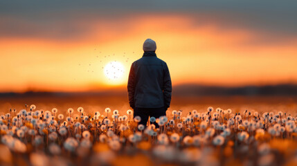 A person standing in a field of dandelions blowing seeds, symbolizing spreading dreams, Luminous focus
