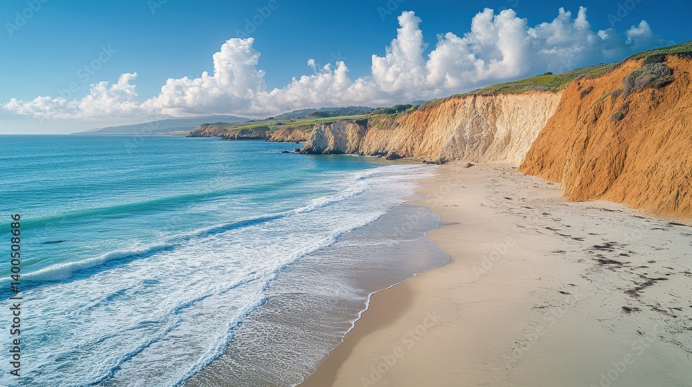 Poster scenic coastal view of golden cliffs meeting calm waves under a blue sky filled with clouds during a