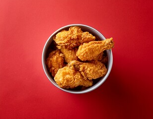 top view of fried chicken bucket on red background