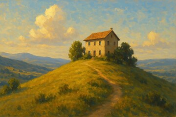 Obraz premium Charming Countryside House on a Hill Under a Blue Sky at Sunset