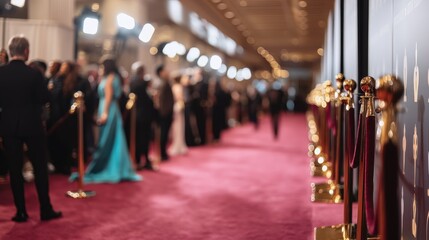 Elegantly dressed individuals pose at a high-profile celebrity event, surrounded by golden bokeh lights and luxurious backdrops, creating a festive atmosphere