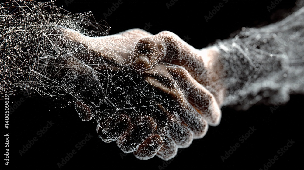 Poster abstract handshake concept with blended matrix and network style
