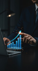Business Growth: Man Tracking Performance on Laptop with Rising Graph & Sparkles ? Data Analysis, Success, Investment, Strategy