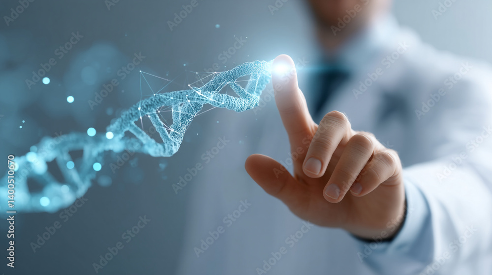 Poster doctor interacting with a dna model in a medical setting using touch technology interface science