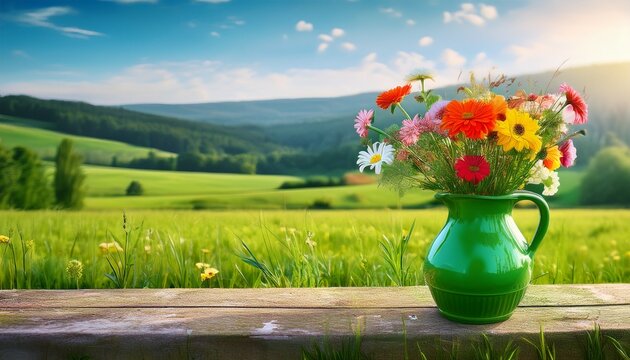 una jarra florero verde con flores de colores en un paisaje relajante en el campo verde