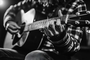 Naklejka premium Acoustic Guitar Performance by Musician in Nature Captured in Black and White