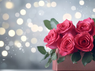 Close up of pink gift box with vibrant roses and green leaves, set against dreamy bokeh background with soft glowing lights.