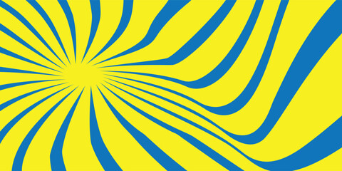 blue sunburst lines on yellow Background. Light sun rays pattern. Vintage stripes halftone radial wallpaper for poster, banner, advertising backdrop, comic