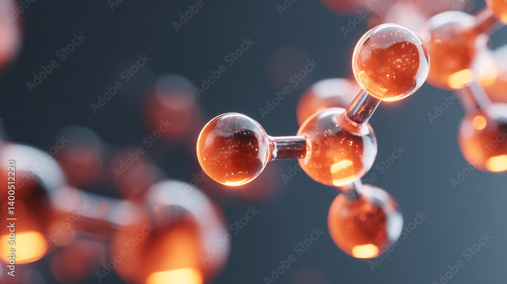 Poster close up view of a molecular structure with orange spheres and connecting rods on a dark background