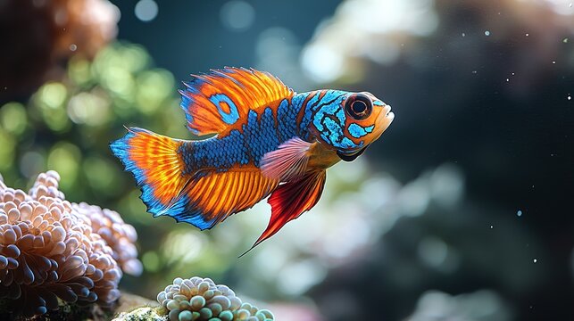 Vibrant mandarin dragonet swimming among corals in a tropical aquarium
